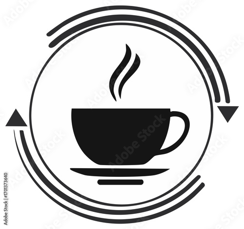 Steaming Hot Coffee Cup Icon with Circular Refresh Arrows Vector Graphic