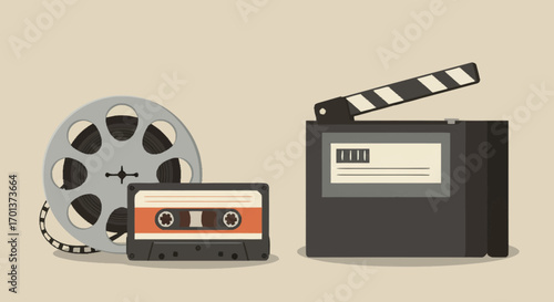 Vector illustration featuring a classic collection of retro media elements, including a film reel, an audio cassette tape, and a movie clapperboard