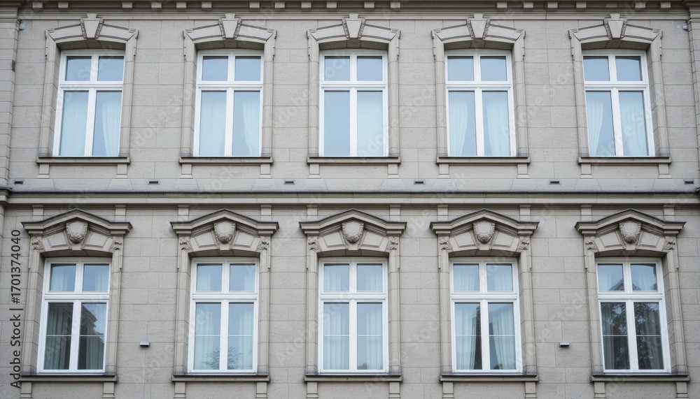 Fototapeta premium Row of beige building windows with white frames architecture