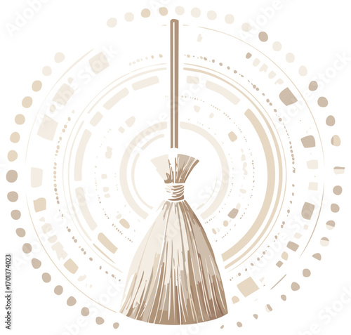 Artistic Broom Graphic with Circular Abstract Design Elements in Neutral Earth Tones