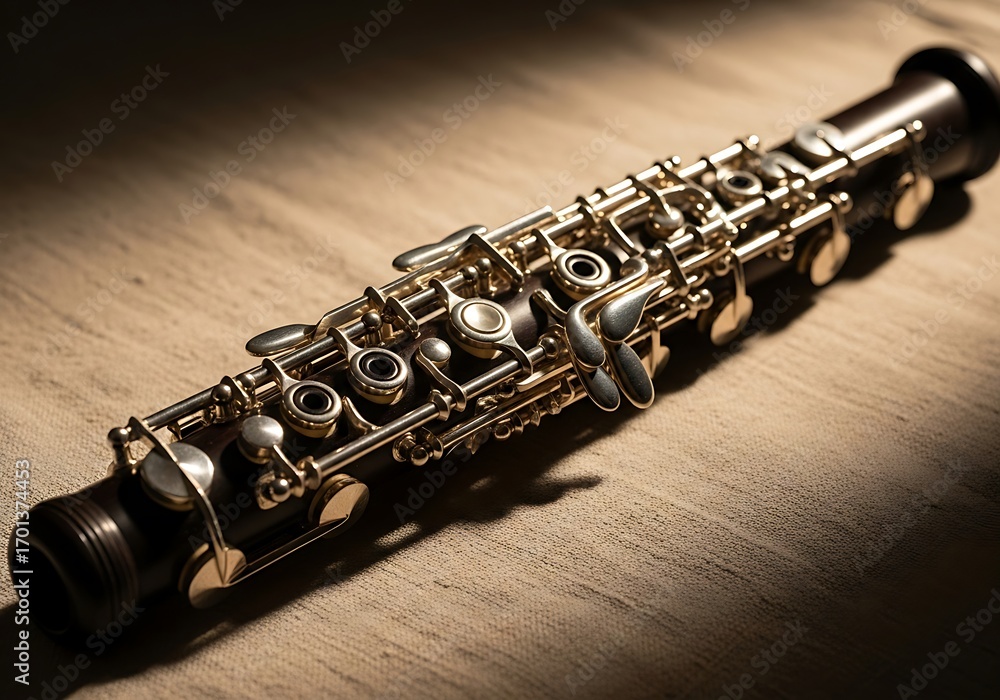 Obraz premium Elevated oboe artistry, highlighted on neutral backdrop, precise elegance