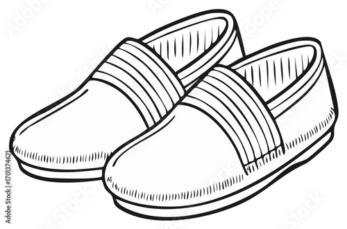Simple pair of comfortable slip on house slippers line art drawing illustration