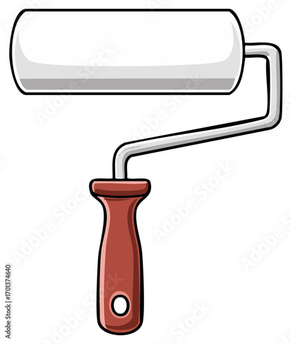 Paint roller applicator with brown handle for wall decoration and covering, tool for smooth painting and surface coating
