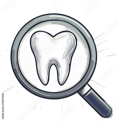 Illustration of a human tooth magnified by a magnifying glass for dental hygiene and health research
