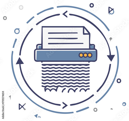 Paper shredding with recycling arrows symbol in modern blue design concept