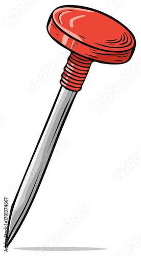 Single large cartoon tack or pin with red head and metal body illustration