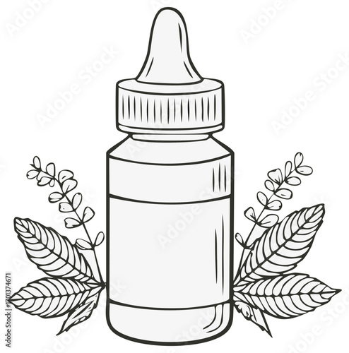 Herbal Remedy Bottle with Dropper and Leaves in Outline Style, Natural Wellness Concept