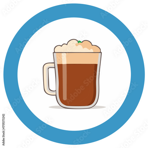 Stylized Coffee Glass Illustration with Brown Liquid and Creamy Foam in a Blue Circle