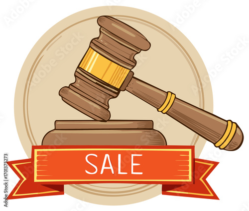 Wooden gavel resting on a sound block with a prominent red "SALE" banner, representing auction and bidding concepts.