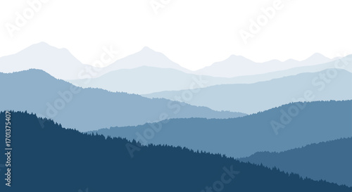 Vast blue mountain ranges stretch towards the horizon under a hazy white sky in a serene landscape painting