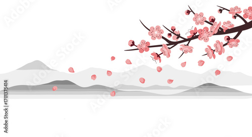 Delicate pink cherry blossoms gently falling upon serene misty mountains during springtime