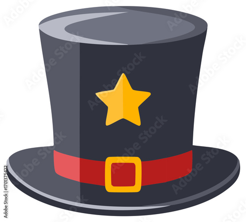 Magician's Black Top Hat with a Gold Star and Red Band Design Icon Illustration