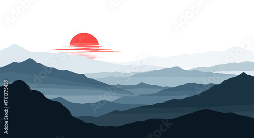 Serene mountain range at sunrise with a fiery red sun reflecting on distant water vapor beautiful natural landscape