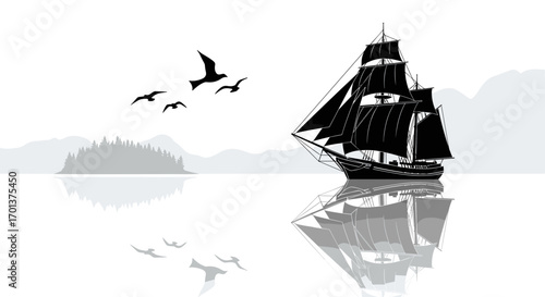 Majestic tall ship sailing on calm water with distant islands and flying birds