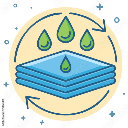 Water filtration process icon with liquid drops on absorbent layered material