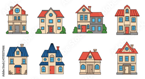 Collection of charming pixel art residential houses featuring diverse architectural styles and vibrant colors perfect for game development and creative projects