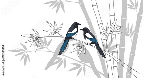 Two elegant magpies perched on a branch of bamboo a serene asian landscape scene