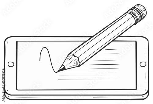 Stylized illustration of pencil writing on tablet screen, creating a doodle and lines, conceptual drawing or note taking