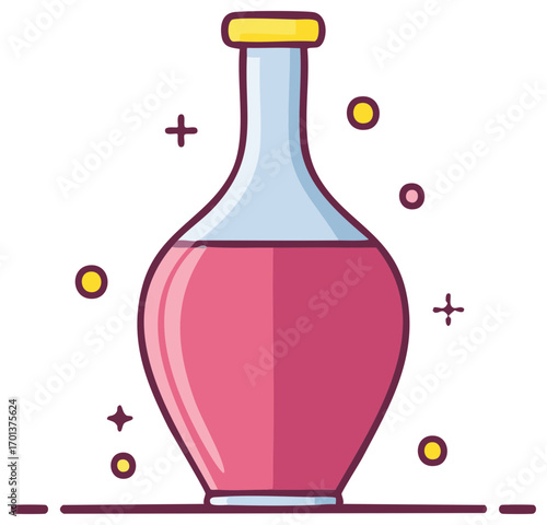 Cartoon style illustration of a pink potion flask with decorative elements