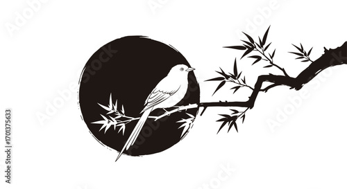 Elegant monochrome bird perched on a branch against a dark circular background and silhouetted bamboo leaves
