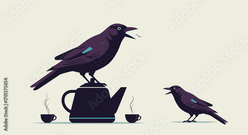 Two artistic ravens enjoying a warm beverage together on a quiet afternoon