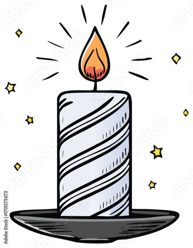 Radiant Candlelight Glow with Stars: Lit Decorative Striped Candle on Plate Creates Sparkling Magic and Warmth