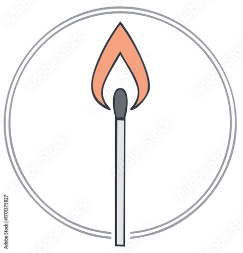 Burning match with orange flame inside a circle, vector illustration.