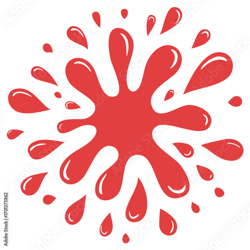 Vibrant red ink splat explosion with scattered paint drops graphic element