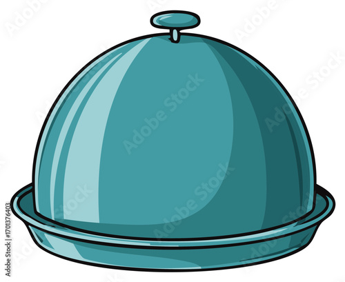 Blueish Food Cloche on Plate Tableware Serving Dish Elegant Kitchen Restaurant Cartoon