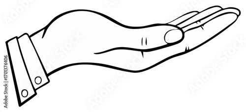 Open hand illustration line art, palm up, business suit sleeve, offering gesture, presentation, vector graphics