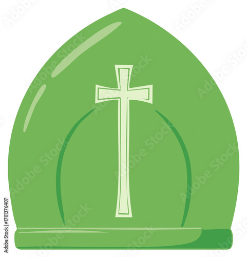 Green Christian Bishop's Hat with Cross Icon Religious Concept Illustration