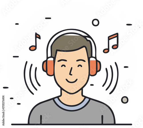 Man enjoys listening to music with headphones and musical notes symbolizing sound waves