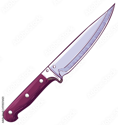 Sharp kitchen utility knife illustration with a metallic blade and a purple ergonomic handle