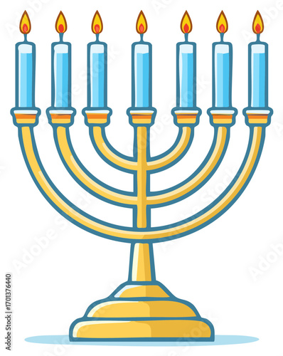 Illustration of a traditional Hanukkah menorah with lit candles, religious symbol