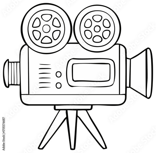 Black and white outline drawing of a vintage movie camera on a tripod