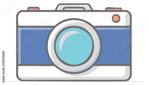 Stylized illustration of a retro camera with a blue body and a large lens