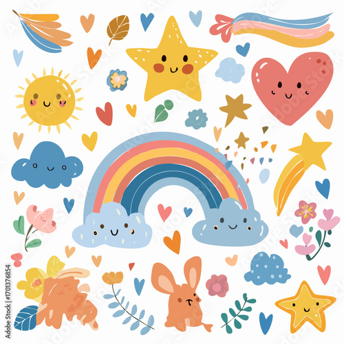 Scandinavian rainbow symbols and flowers for baby shower and kids party decor
3