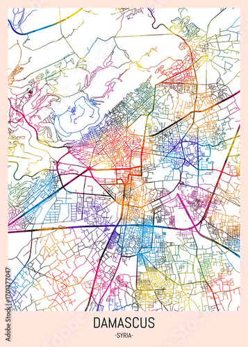 Wallpaper Mural Damascus Syria City Map. downtown printable Landmarks print painting, travel art banner modern city, urban city art, background abstract Torontodigital.ca