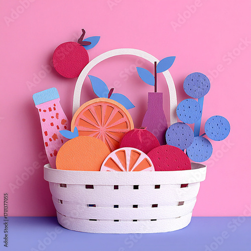 Basket - A white woven container holding orange market goods