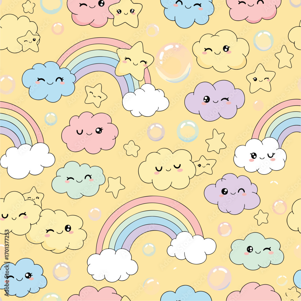 Naklejka premium Seamless pattern featuring cute clouds, rainbows, stars, and bubbles illustration, seamless pattern, Stock royalty.