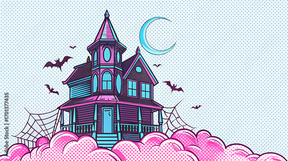 Obraz premium Haunted mansion bats crescent moon pink clouds halloween haunted house