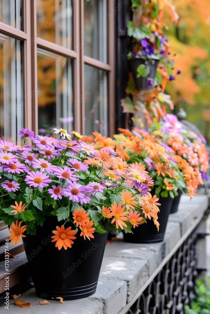 Fototapeta premium Colorful african daisies decorating a window sill during autumn