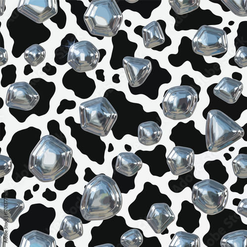 Seamless pattern featuring chrome geometric shapes on a cow print background, patern seamless, Stock royalty image.