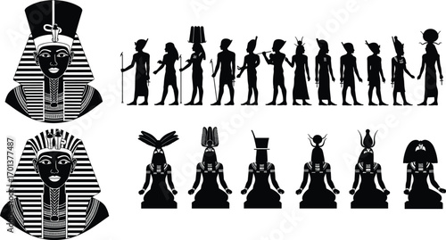 Ancient Egypt, pharaoh silhouette, Egyptian gods, deity icons, mythology art, black figures, cultural heritage, historic symbols, temple design, sacred imagery