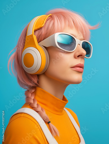 Close-up portrait of woman with pastel pink hair wearing orange headphones and futuristic sunglasses against blue background, modern fashion and technology style