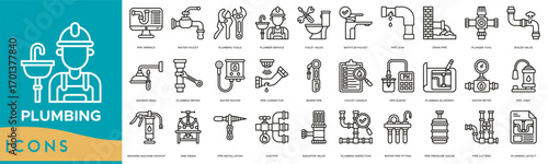 Plumbing Icon set. Pipe Wrench, Water Faucet, Plumbing Tools, Plumber Service, Toilet Valve, Bathtub Faucet, Pipe Leak, Drain Pipe and Plunger Tool