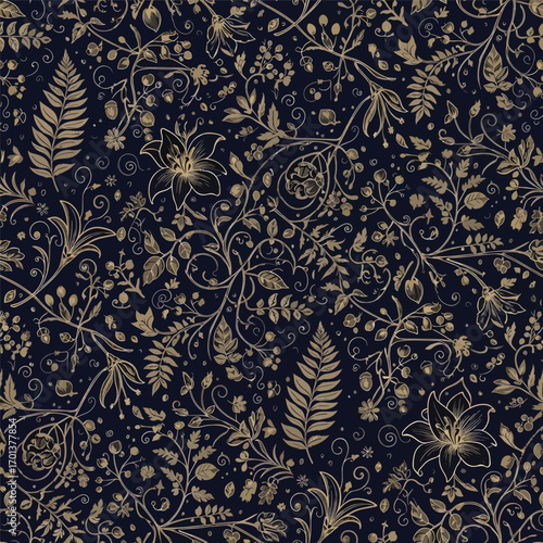 Intricate floral seamless pattern design featuring lilies, ferns, and various botanical elements., seamless pattern, royalty stock.