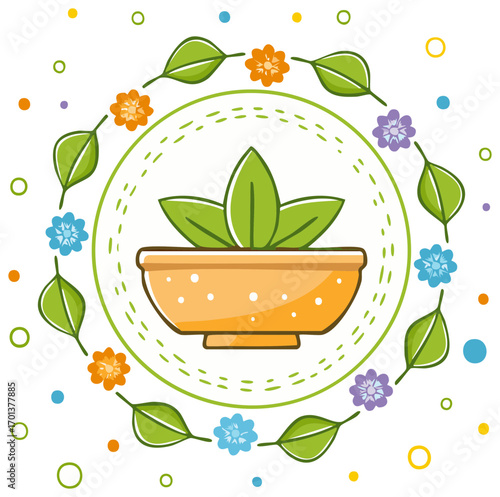 Healthy Green Plant in Orange Pot Surrounded by Colorful Flowers and Leaves Border