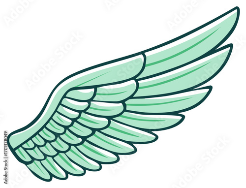 Cartoon angel wing, light green with dark outline, flying concept