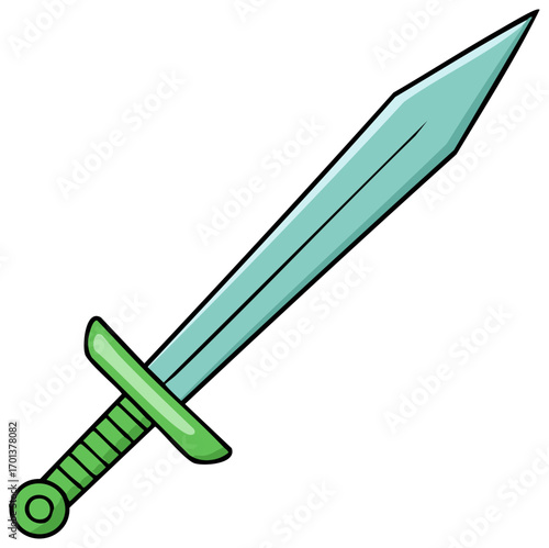 Cartoon style sword weapon with a light blue blade and green handle and guard